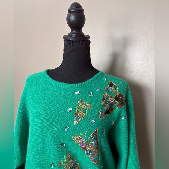 PRINCESS BOUTIQUES 1970s green sweater butterfly bedazzled lambswool angora EUC - Picture 11 of 12